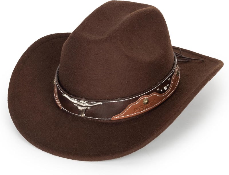 FGSS Western-Cowboy-Hats for Women Men - Classic Wide Brim Felt Fedora Unisex Upturn Bull Head Cowgirl Caps with Buckle Belt - Image 1